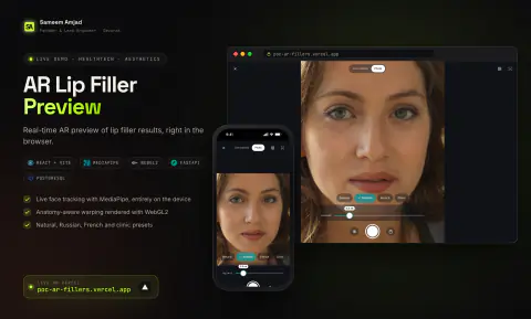 AR Lip Filler Preview: overview with desktop and mobile screens, tech stack and live domain
