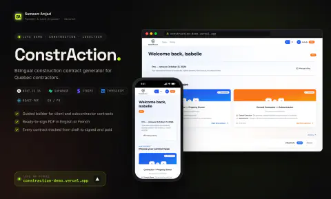 ConstrAction: overview with desktop and mobile screens, tech stack and live domain