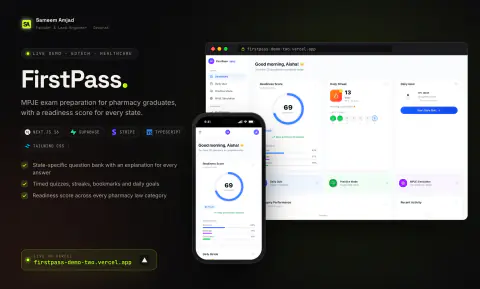 FirstPass: overview with desktop and mobile screens, tech stack and live domain