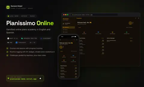 Pianissimo Online: overview with desktop and mobile screens, tech stack and live domain