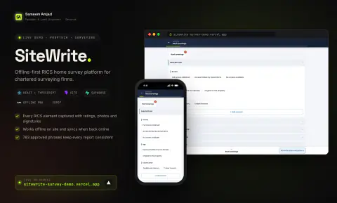 SiteWrite: overview with desktop and mobile screens, tech stack and live domain