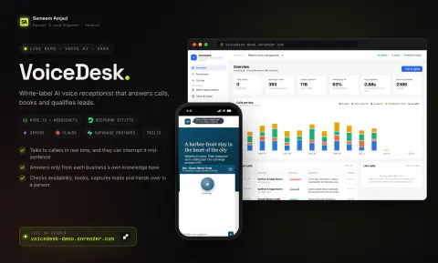 VoiceDesk: overview with desktop and mobile screens, tech stack and live domain